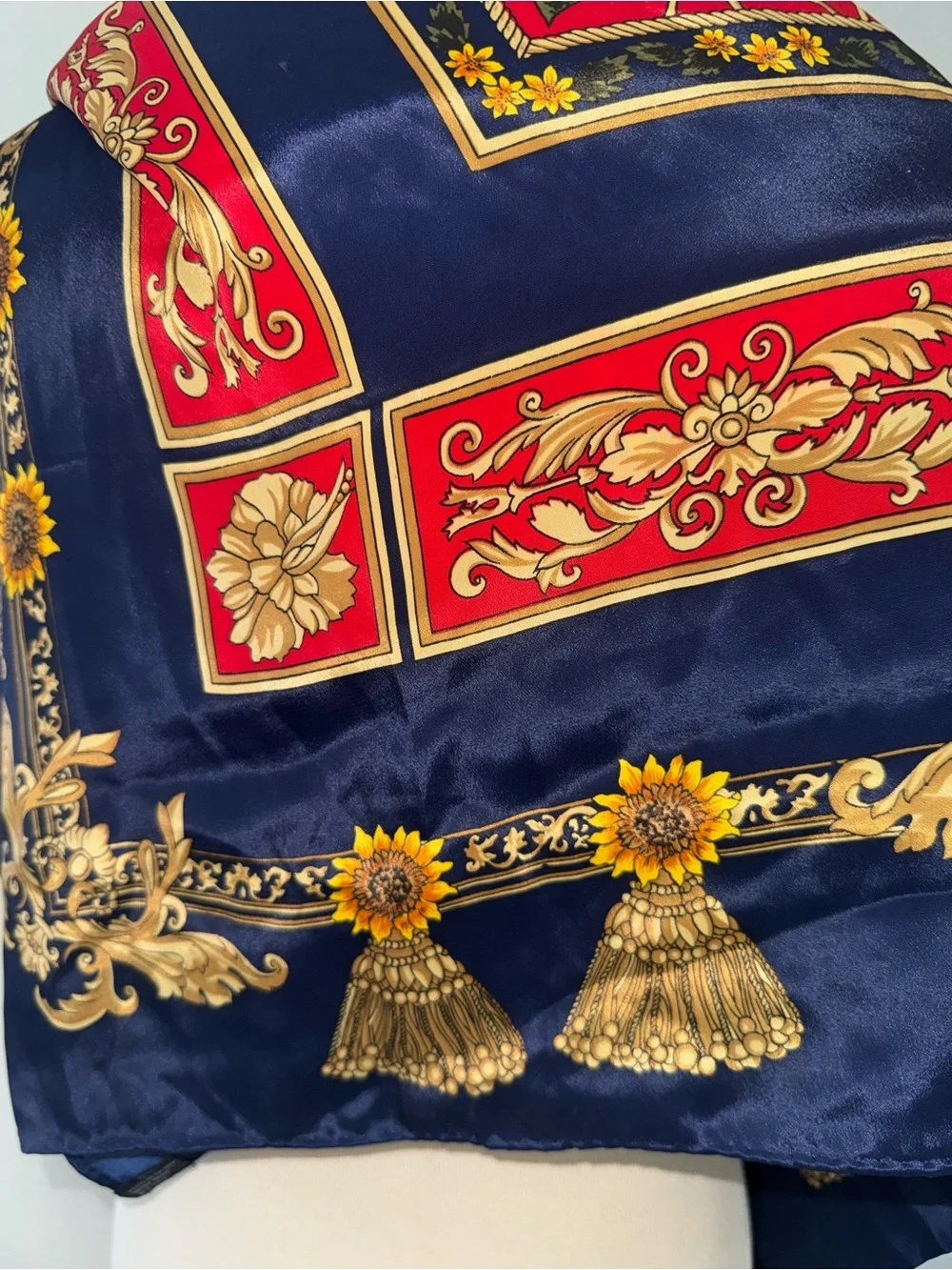 vintage Hermès silk blue,red & gold silk scarf, featuring vibrant 🌻 sunflowers.